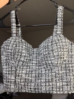 NWT M Tweed Crop Top Black White Silver Steve Madden Zipper Adjustable